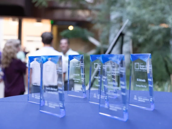 A photograph of the engraved I-Squared awards.