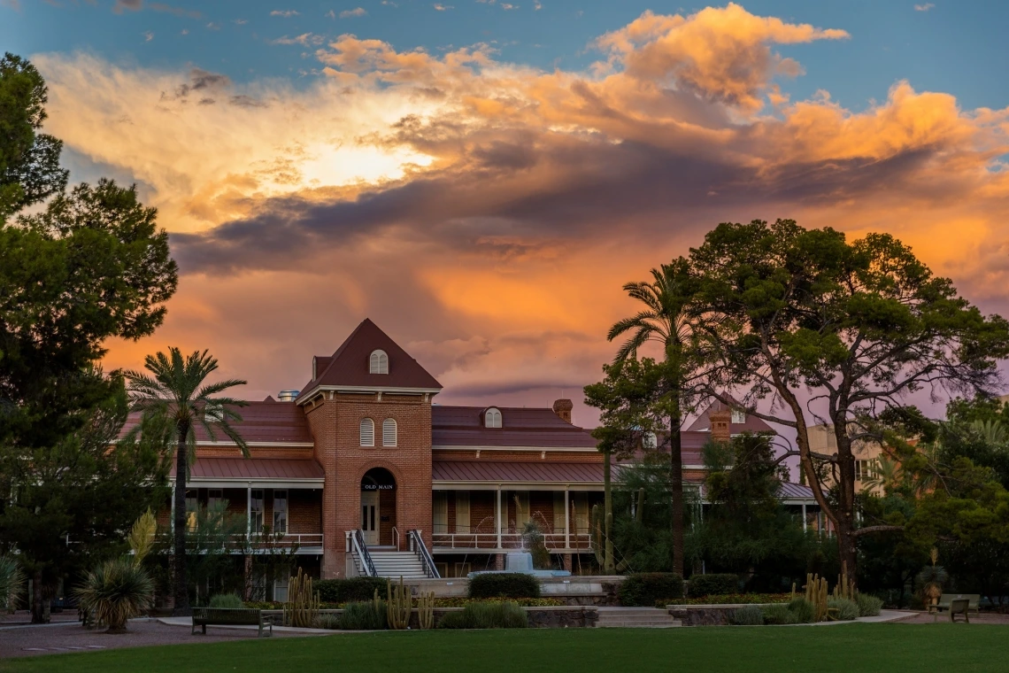 Old Main with sunset.