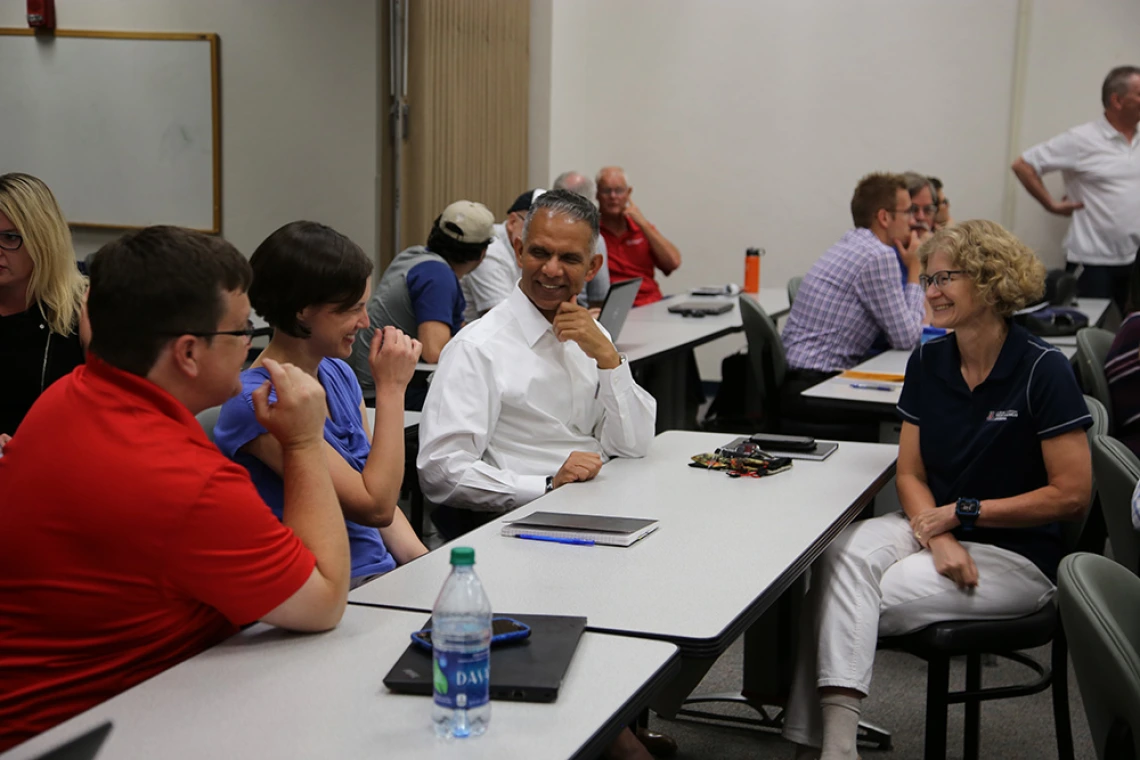 Laura coaches the Scintillation Nanotechnologies startup team during NSF I-Corps. Left to right: Craig Aspinwall, Colleen Janczak, Ayaz Malik, and Laura Silva.