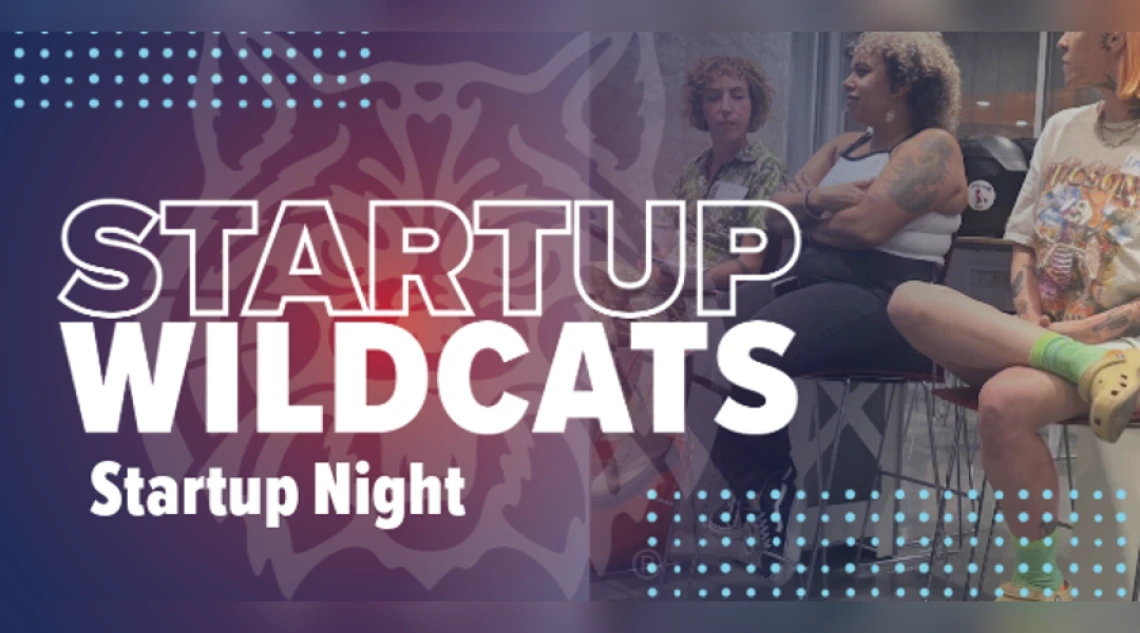 Fading blue to red background with the Wildcat image and the words Startup Wildcats Startup Night in white text.
