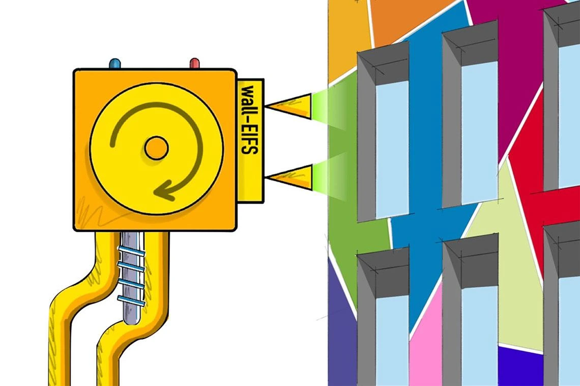 wall-EIFS, a robotically applied, 3D-sprayable exterior insulation and finish system for building envelope retrofits. Graphic courtesy Jonathan Bean and Wolfgang Fink. wall-EIFS, a robotically applied, 3D-sprayable exterior insulation and finish system for building envelope retrofits. Graphic courtesy Jonathan Bean and Wolfgang Fink.
