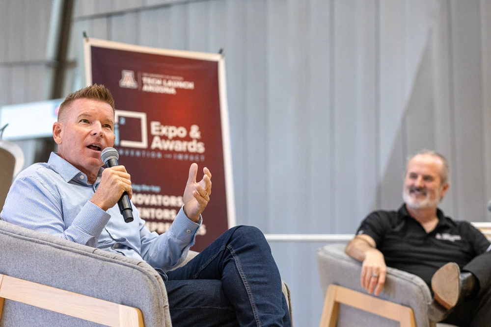 Gregg Scoresby and Doug Hockstad discuss launching and funding startups at the opening fireside chat.