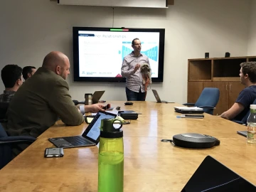 With help from his dog, Rudy, Lyons made his pitch on the final day of the NSF I-Corps Program offered by Tech Launch Arizona. With help from his dog, Rudy, Lyons made his pitch on the final day of the NSF I-Corps Program offered by Tech Launch Arizona.